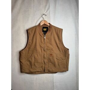 CAT Caterpillar Mens Canvas Work Vest Tan Brown Full Zip Utility C-869‎ Regular